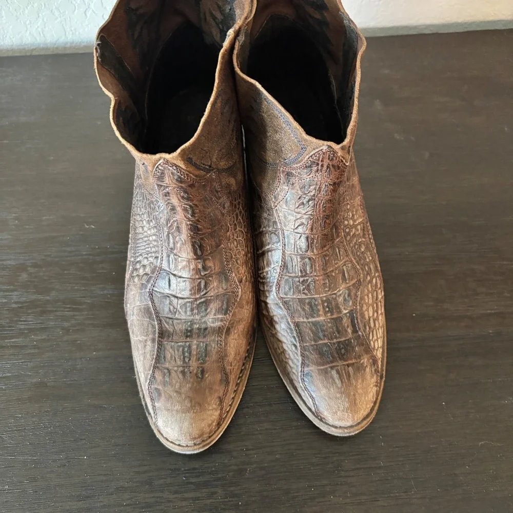Free People Ankle Boots Dorado 38 Croc Embossed Leather Brown Western Boho